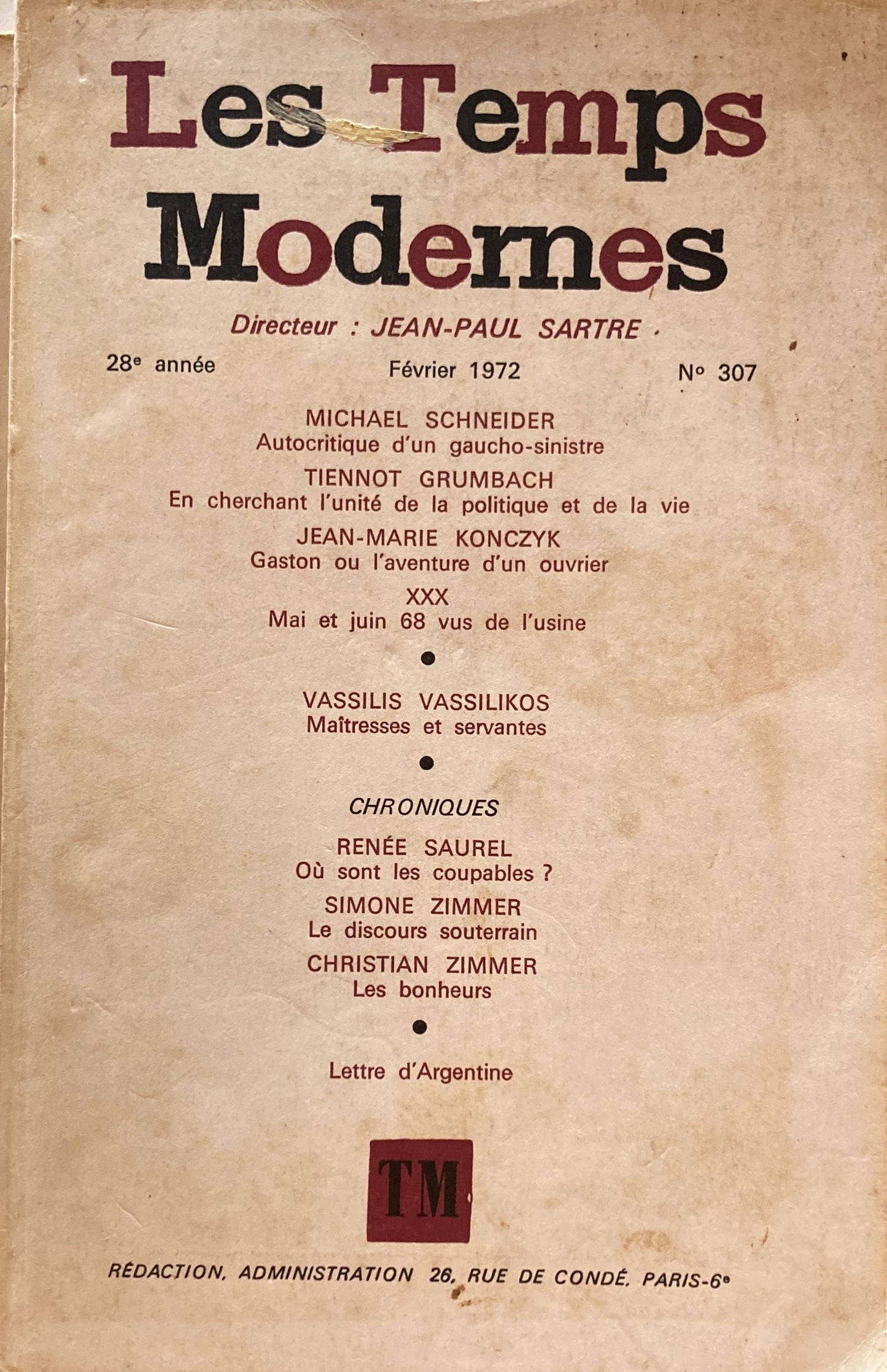 Les Temps modernes Fevrier 1972 No.307 J.P.Sartre サルトル