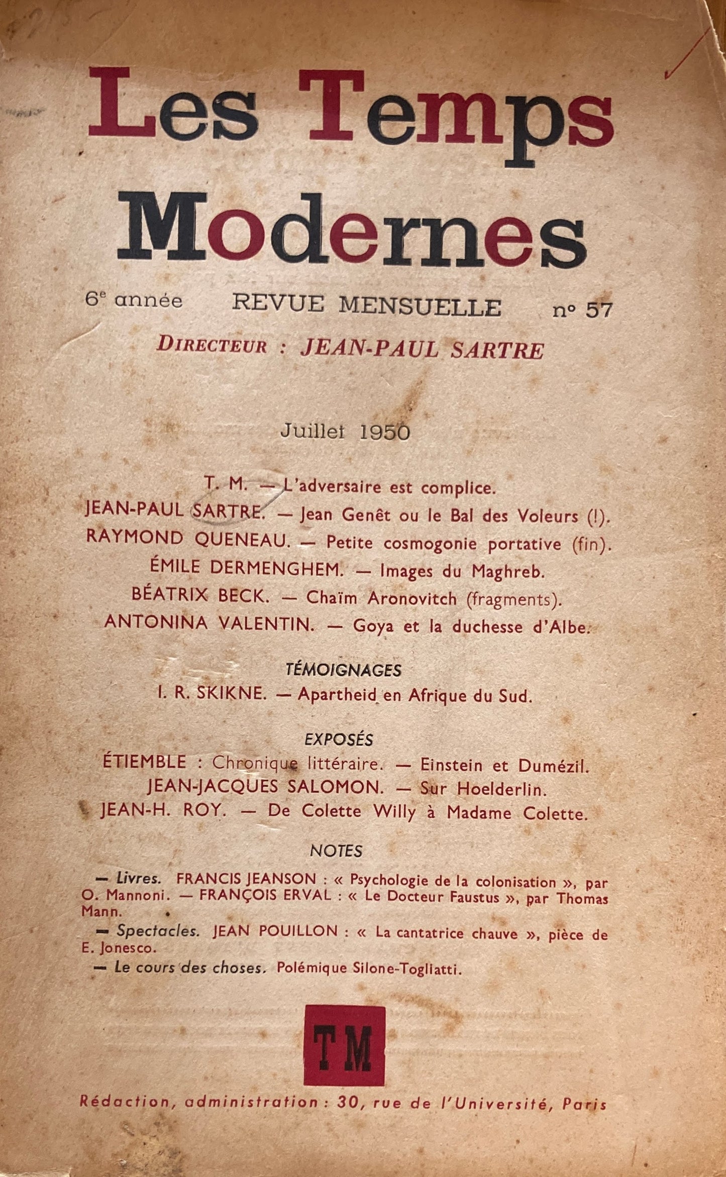 Les Temps modernes Juillet 1950 No.57 J.P.Sartre サルトル