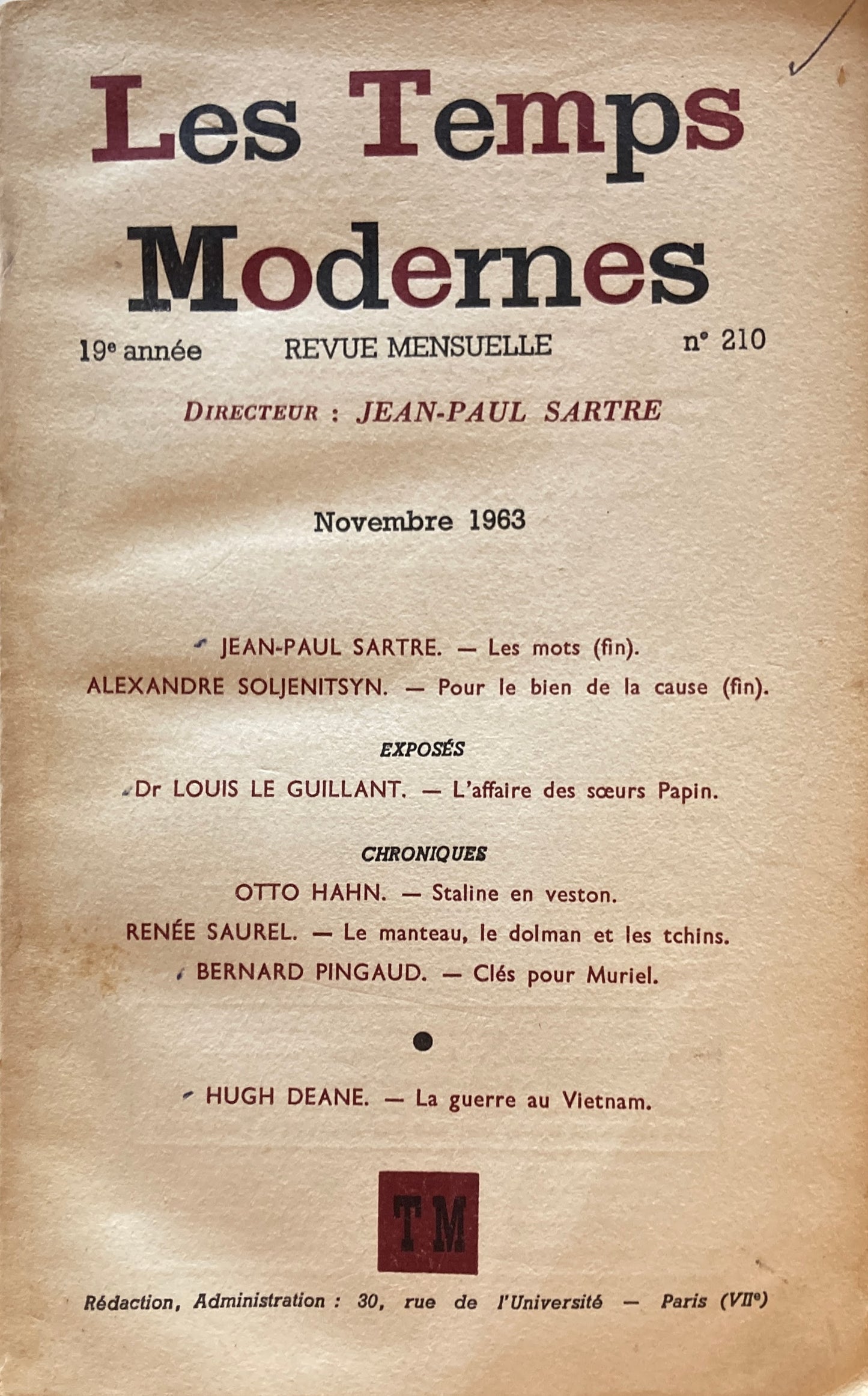 Les Temps modernes Novembre 1963 No.210 J.P.Sartre サルトル