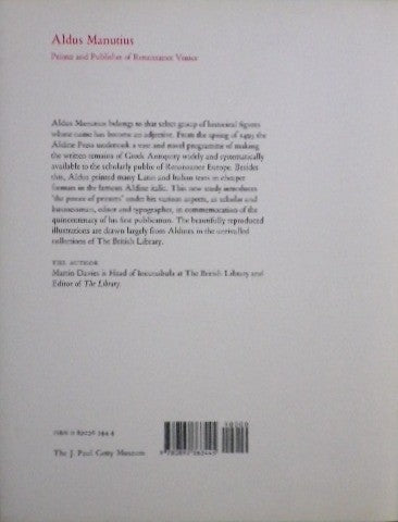 ALDUS MANUTIUS アルドゥス・マヌティウス PRINTER AND PUBLISHER OF RENAISSANCE VENICE Martin Davies