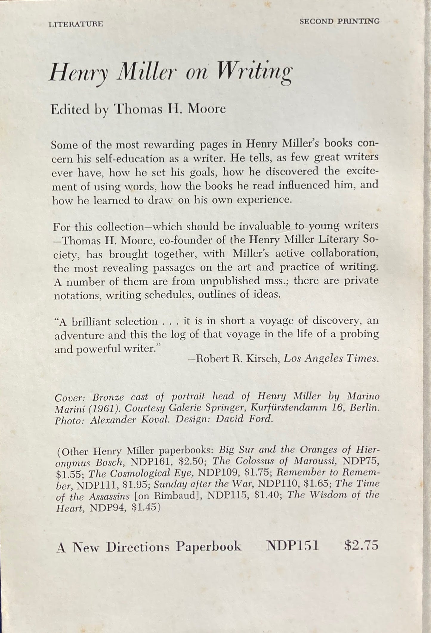 Henry Miller on Writing ヘンリー・ミラー New Directions Paperbook Original