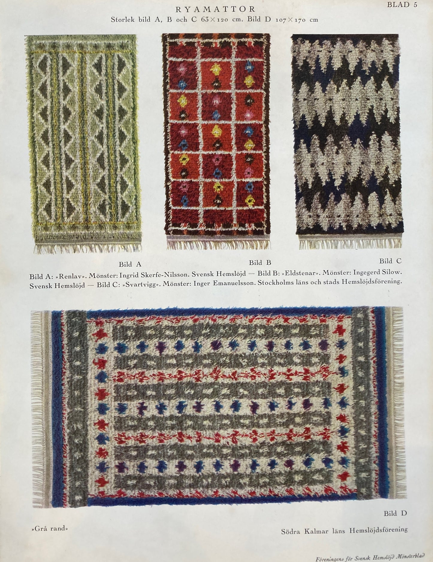 Monsterblad Utgivna av Foreningen for svensk hemslojd Ryamattor  Vavda  Eller  Knutna Pa  Bottnar KARTONG10 <ラグ> スウェーデン手工芸協会
