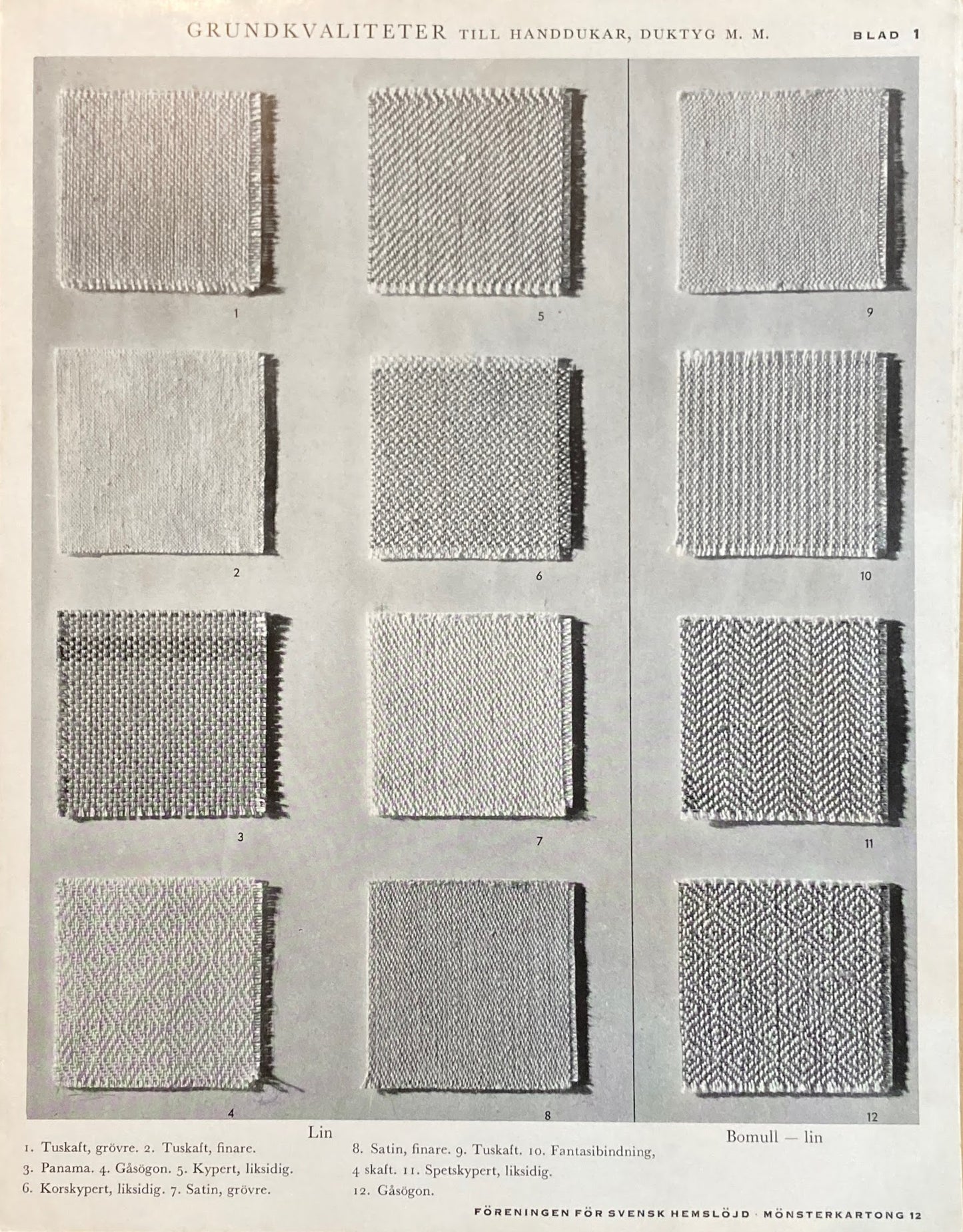 Monsterblad Utgivna av Foreningen for svensk hemslojd Linnevavnader KARTONG12 <リネン生地> スウェーデン手工芸協会