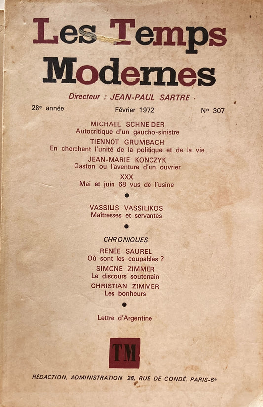 Les Temps modernes　Fevrier 1972 No.307 J.P.Sartre サルトル　