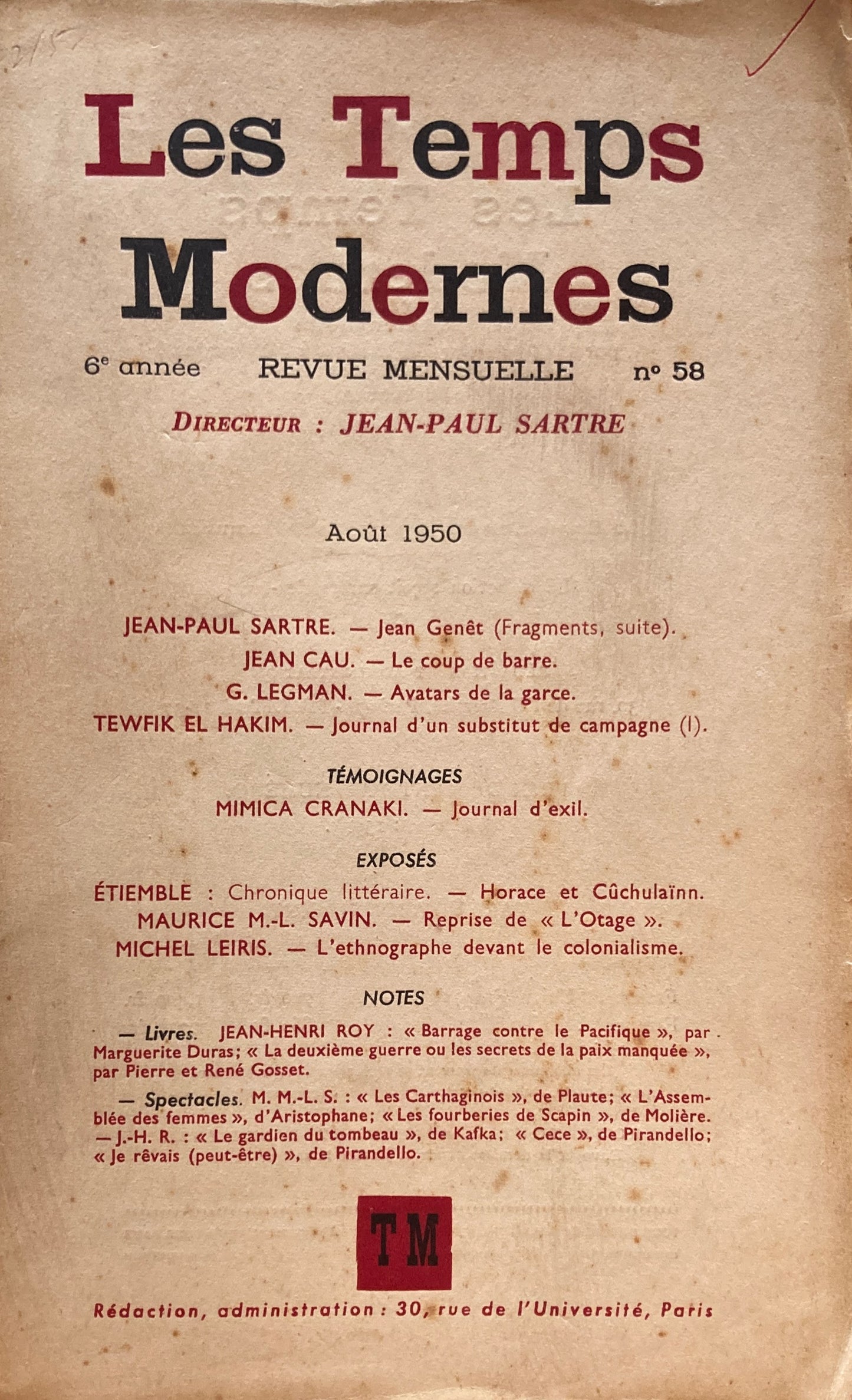 Les Temps modernes　Aout 1950 No.58 J.P.Sartre サルトル　