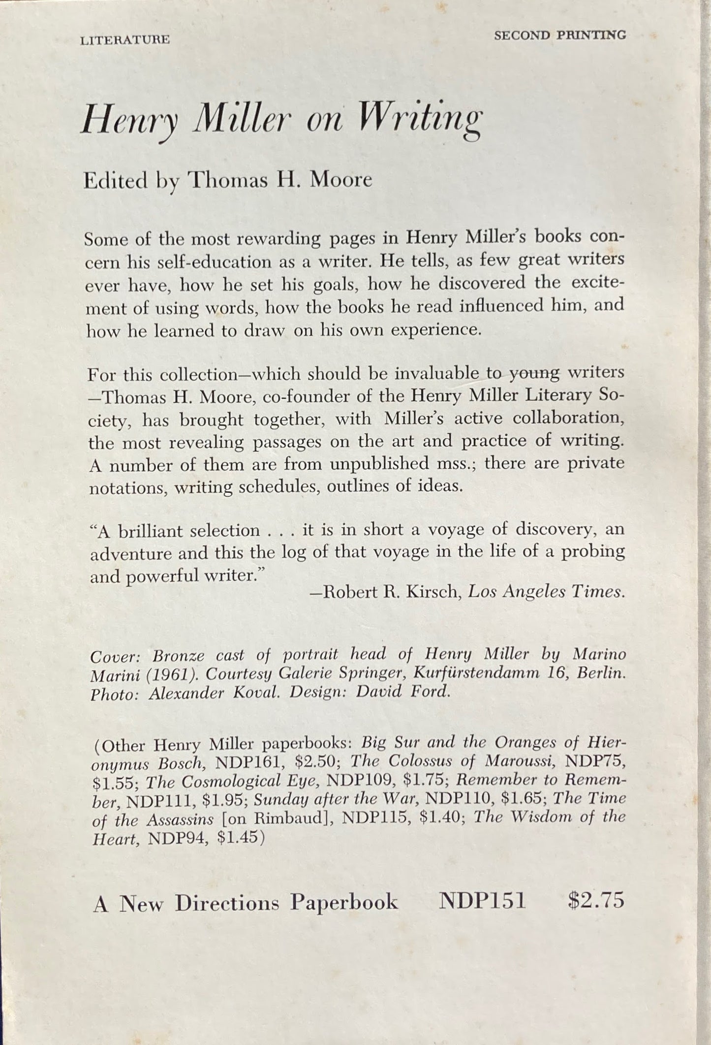 Henry Miller on Writing　ヘンリー・ミラー　New Directions Paperbook Original