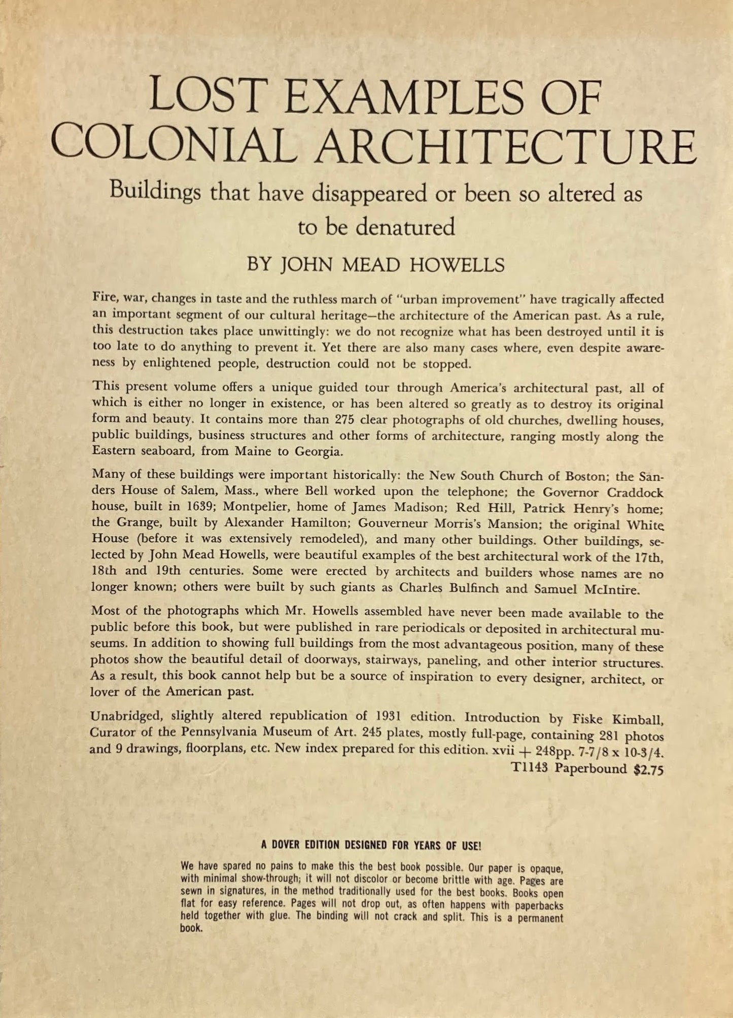Lost Examples of Colonial Architecture Buildings that have disappeared or been so altered as to be denatured　by Jhon Mead Howells